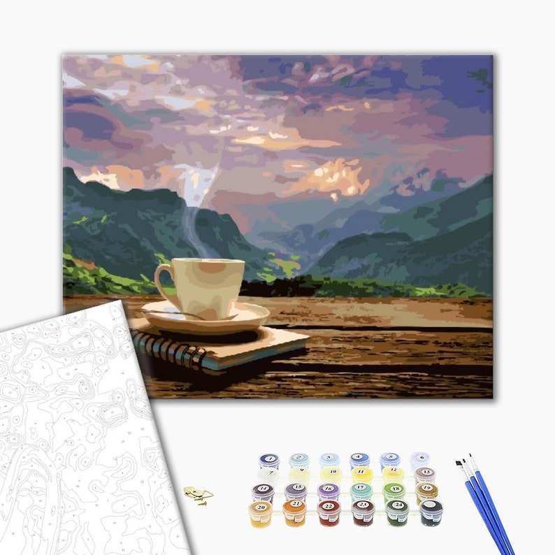 Coffee morning Paint by numbers kit Mountain view Paint landscape painting with lake paint DIY painting for adult frame original canvas