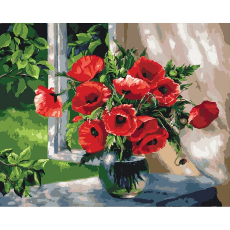 Paint by numbers kits Flowers Wood Framed Red Poppies House Etsy