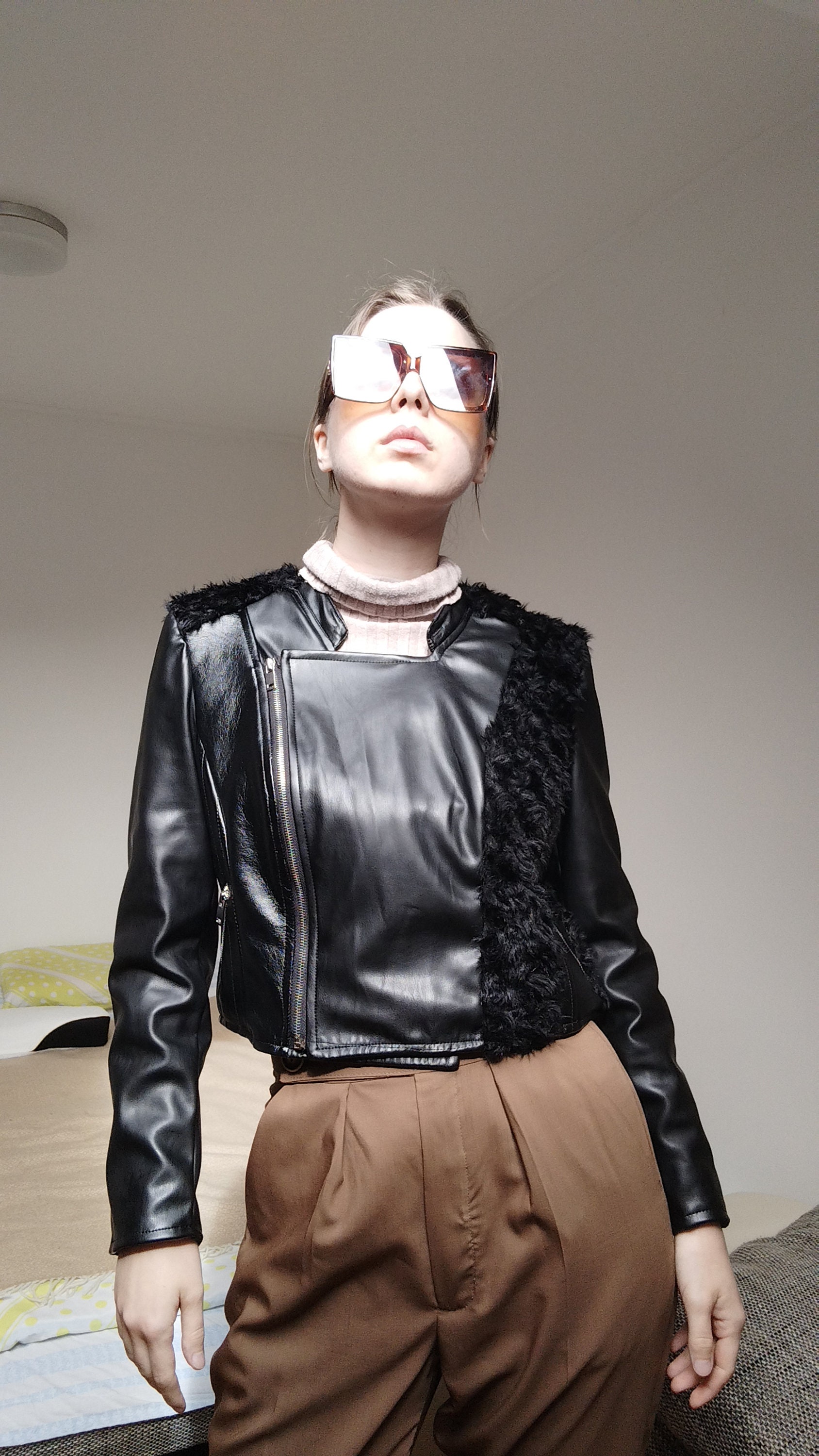 Upcycled Black Fake Leather Jacket, Refashioned Patchwork