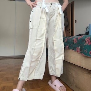 Upcycled white milk pants, reworked low waist adjustable cargo, refashioned y2k patchwork pants, repurposed pants, reused trousers