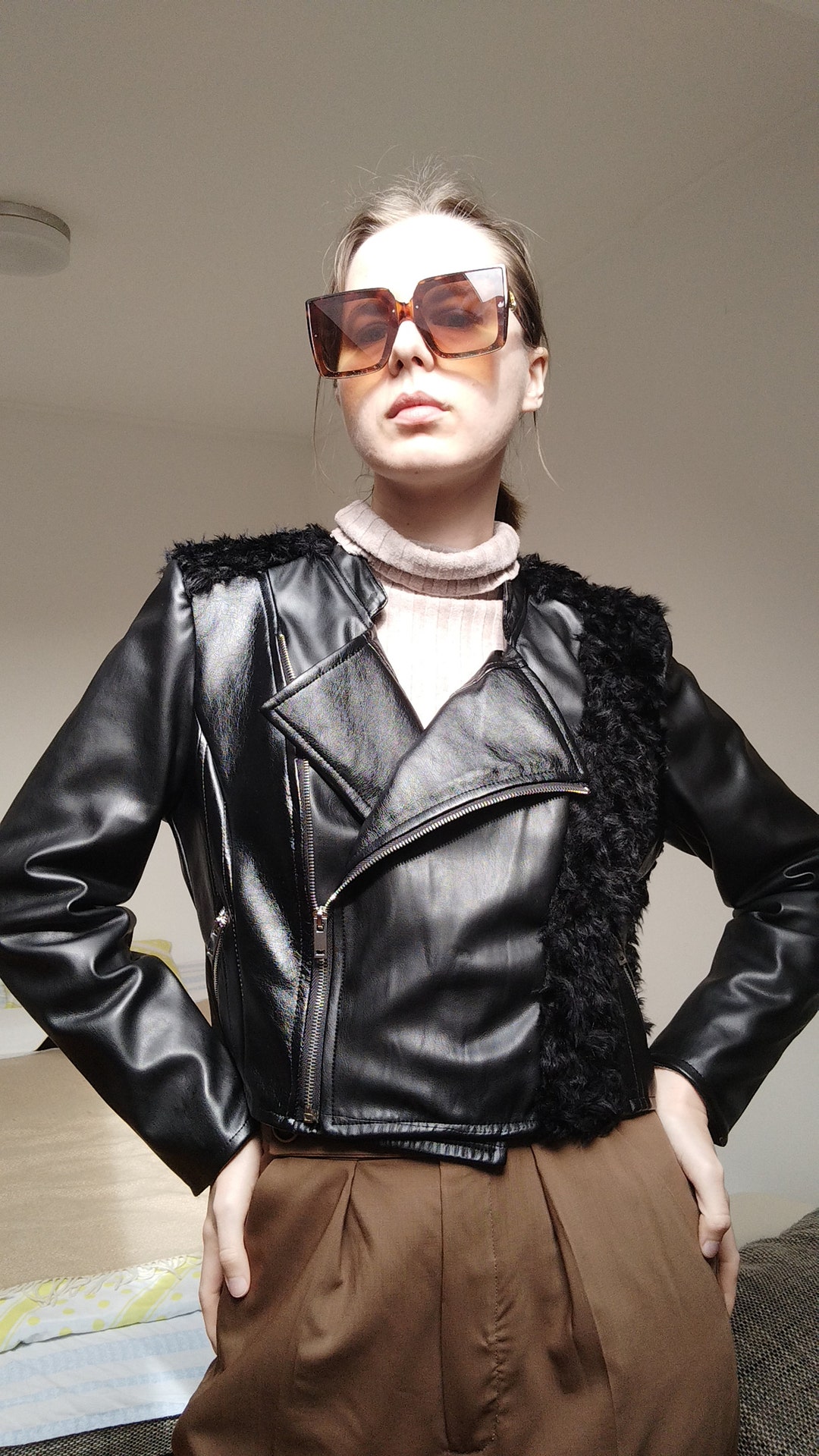 Upcycled Black Fake Leather Jacket, Refashioned Patchwork Artificial ...