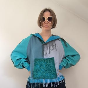 Upcycled hoodie reworked from second hand pullovers and shawls, reworked hoodie, refashioned repurposed pullover, remade pullover