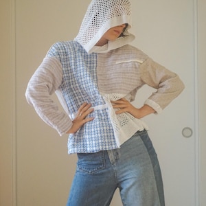 Upcycled hoodie reworked from second hand jackets and blazers, reworked hoodie, refashioned repurposed pullover, remade pullover