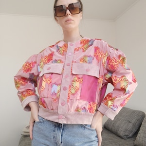 Upcycled pink rainjacket, refashioned patchwork raincoat jacket, reworked tapestry jacket, motorcycle patchwork shirt
