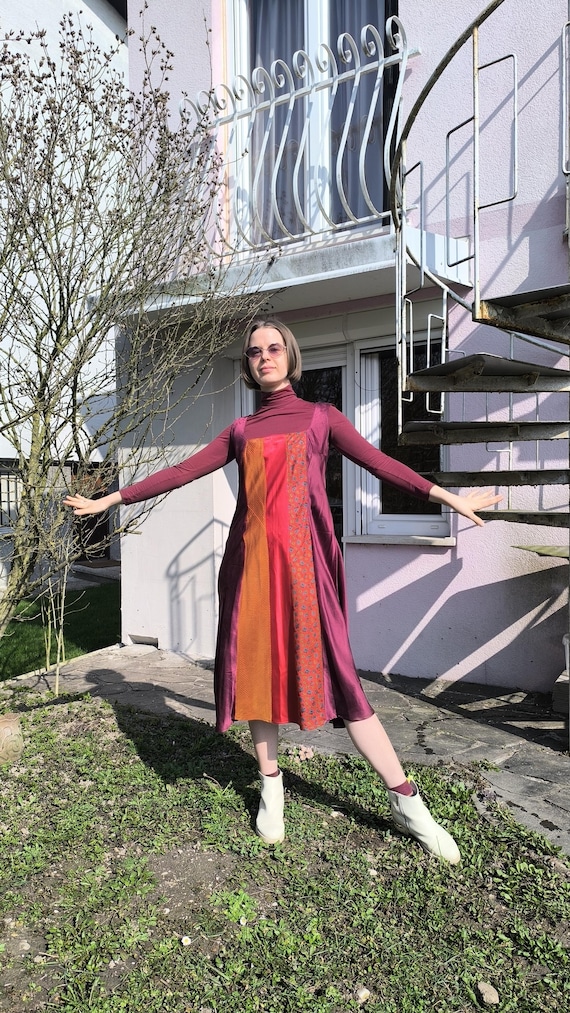 second hand silk dress Upcycled Silk Tie Patchwork Dress, Repurposed Vintage Textile Waste L-XL and Second Hand Bag