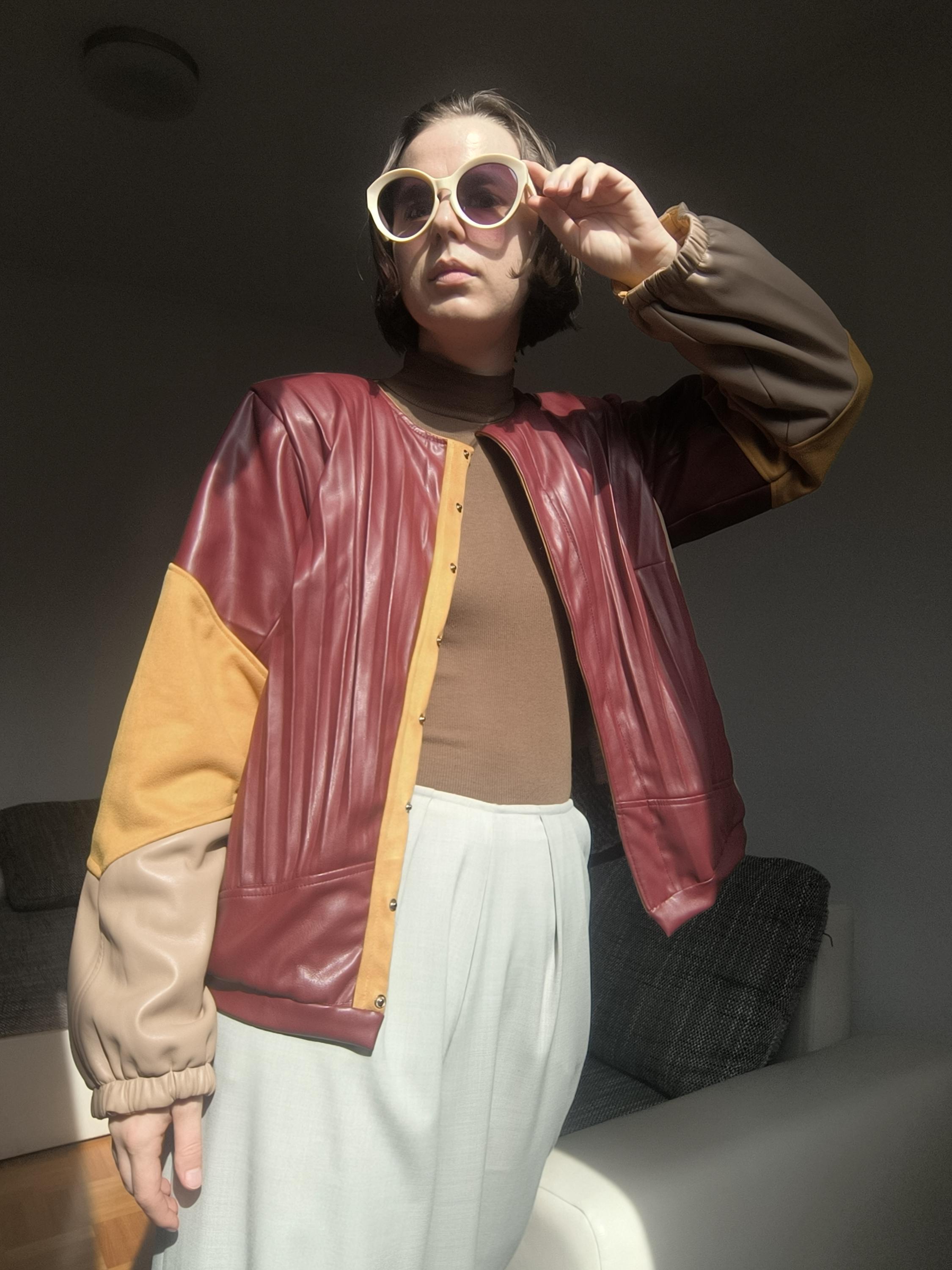 Upcycled Burgundy Fake Leather Jacket, Refashioned Patchwork