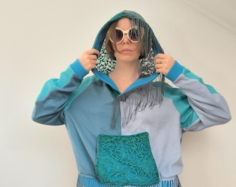 Upcycled Patchwork Hoodie, Unisex Oversized Fringed Sweatshirt