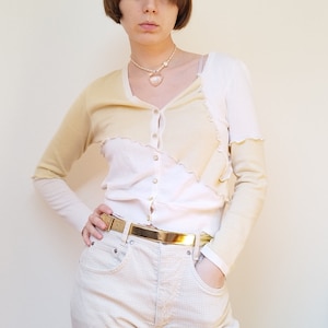 Upcycled Jersey Cardigan: Yellow & White Refashioned Knitwear, Mothers Day Gift