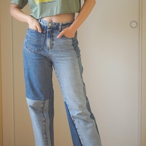 Upcycled denim pants, reworked boyfriend mid waist jeans, refashioned y2k patchwork pants, repurposed pants, reused trousers
