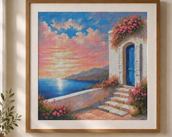 Greek Island House Cross Stitch Pattern: Santorini Seascape (PDF Download)
