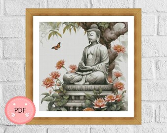 Buddha and Lotus Flowers Cross Stitch Pattern (PDF Format)