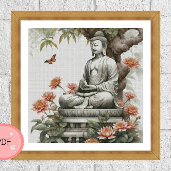Cross Stitch Pattern, Buddha Surrounded By Lotus Flowers,Pdf Format,Instant Download,X Stitch Chart,Religious,Buddhism,Butterfly