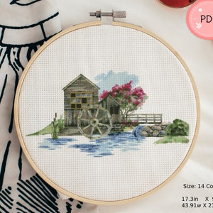 Watermolen aquarel Cross Stitch patroon, PDF-formaat, Instant Download, landelijk landschap, X steekdiagram