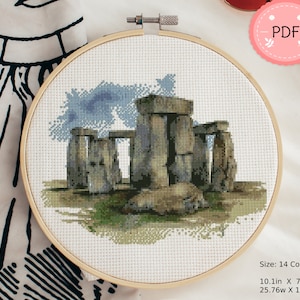 Kruissteekpatroon, aquarel Stonehenge, kunst, PDF-formaat, direct downloaden, historisch monument