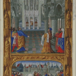 May include: A detailed illustration depicting two scenes within a golden-framed border. The top scene shows figures in robes inside a cathedral. The bottom scene shows a white horse and figures in a town square. The image has a medieval theme.