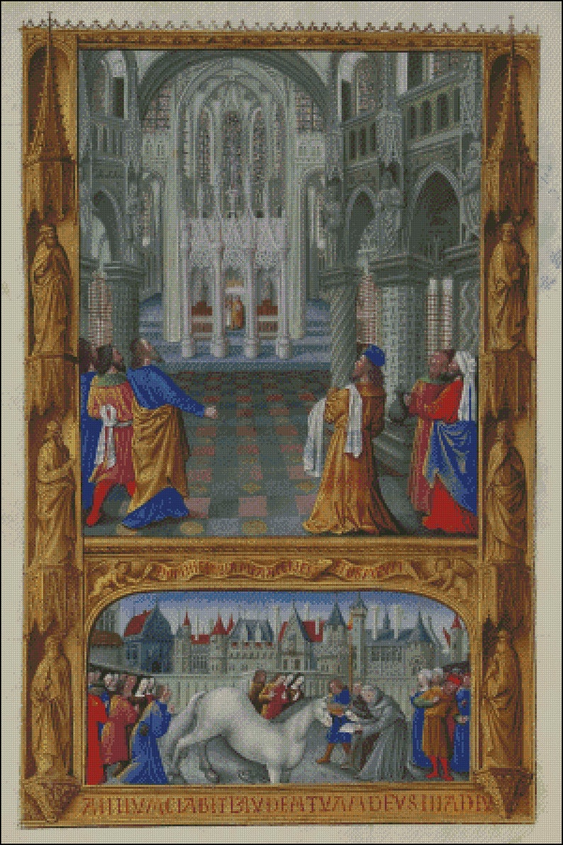 May include: A detailed illustration depicting two scenes within a golden-framed border. The top scene shows figures in robes inside a cathedral. The bottom scene shows a white horse and figures in a town square. The image has a medieval theme.
