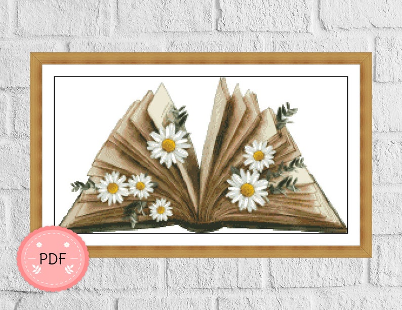 Book Cross Stitch Pattern Books and Flowes Pdf Instant Etsy