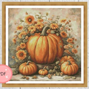 Schema punto croce,Zucca con fiori d&#39;arancio,Download istantaneo Pdf,Schema punto X,Raccolta,Halloween,Ringraziamento,Autunno,Copertura completa