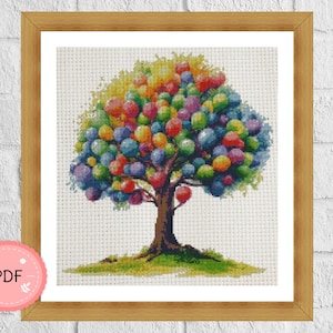 Kreuzstich Muster, Aquarell Ballon Baum, Sofort Download, PDF, Botanisch, X-Stich Stickmuster,Bunt
