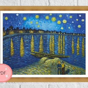 Cross Stitch Pattern ,Starry Night Over The Rhone ,Pdf Instant Download , X stitch Chart , Vincent Van Gogh , Famous Painting,Full Coverage