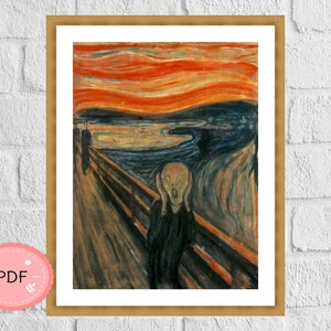 Puede incluir: Una impresión enmarcada de la icónica pintura de Edvard Munch "El Grito". La pintura representa una figura con un rostro distorsionado, gritando contra un cielo rojo sangre que gira. La figura se encuentra en un puente con vistas a un fiordo azul oscuro.