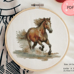 Kreuzstich Muster, Aquarell, Pferd laufend, Pdf , Instant Download , Wild Life , Animal X Stichvorlage
