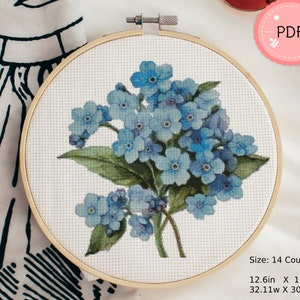 No me olvides Patrón de punto de cruz, Pdf, Descarga instantánea, Gráfico de puntadas X florales, Flor tropical de acuarela