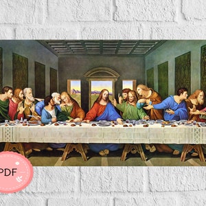 May include: A painting depicting the Last Supper, a famous scene from the Bible. Jesus sits at the center of a long table with his disciples. The painting is set in a room with a large window in the back. The painting is done in a realistic style with muted colors.