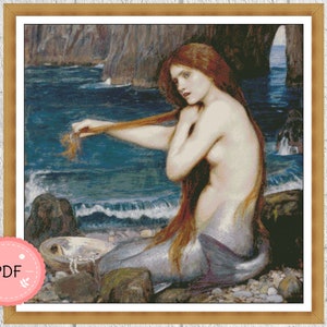 Cross Stitch Pattern , Mermaid ,John William Waterhouse ,  Pdf, Instant Download, X Stitch Chart,Sea World