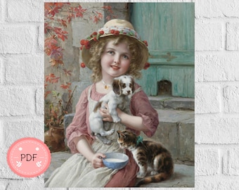 Cross Stitch Pattern , New Friends ,Emile Vernon , Puppy and Cat,  Pdf , Instant Download  , Famous Paintings , Cherry Hat