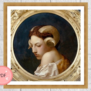 Cross Stitch Pattern,Head Of A Woman,Pdf,Instant Download,Head of a Woman with the Horns of a Ram,Full Coverage, Jean Leon Gerome
