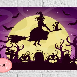 Halloween Cross Stitch patroon, PDF-formaat, Instant Download, Spooky X Stitch Chart, heks op een bezem, zwarte kat, enge pompoenen, volle maan