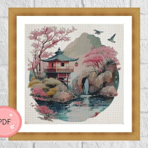 Cross Stitch Pattern,Japanese Traditional House By River,Sakura, Japanese Garden,Asian Landscape,Asian Style,Cherry Blossom,Forest Scene