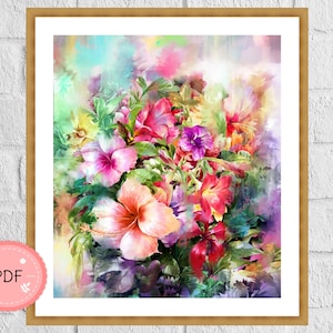 Flower Cross Stitch Pattern,Multicolored Flowers, Hibiscus, Pdf , Instant Download , Floral Xstitch Chart,Bouquet Colors