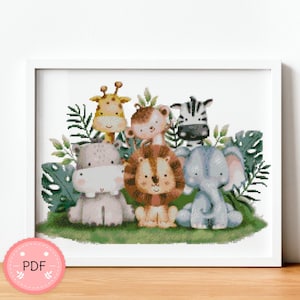 Kreuzstich Muster,Safari Friends,Löwe,Giraffe,Pdf,Sofort Download,Aquarell,Kleines Tier,Kinderzimmer,Kinderzimmer,Affe,Pflanze,Dschungeltiere