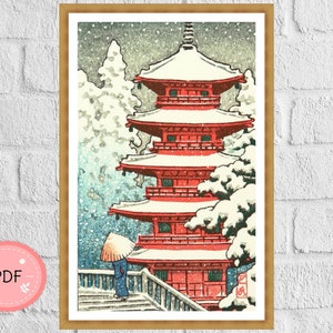 Pagoda in Snow Cross Stitch Pattern: Hasui Kawase Ukiyo-e Art (PDF)