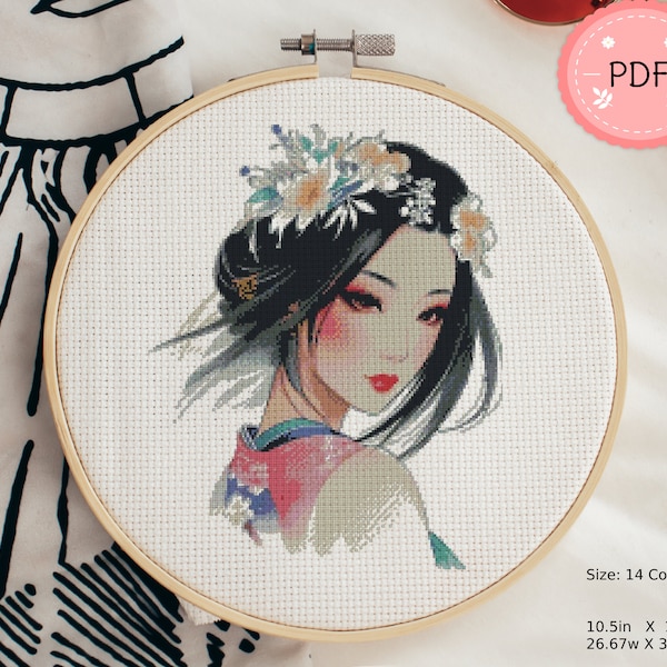 Geisha Cross Stitch Pattern ,  Japanese Woman With Traditional Dress ,Japanese Art  , PDF Format , Instant Download , Oriental Women