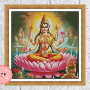 Cross Stitch patroon, Maha Lakshmi, Pdf Instant Download, X Stitch Chart, Godin op Lotus, Hindoeïsme, Indiase God, Hindoe God, Volledige dekking, India