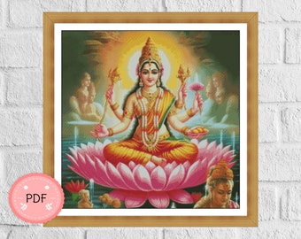 Maha Lakshmi Cross Stitch Pattern: Indian Goddess on Lotus (PDF Download)