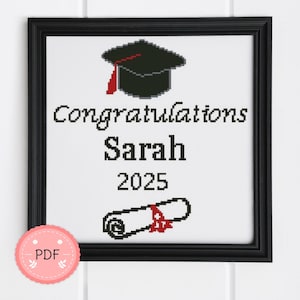 Patrón de punto de cruz, regalo de graduación personalizado, pedido personalizado, apto para principiantes, moderno, clase de 2025, gorro de graduación, diseño de diploma, universidad