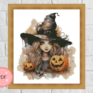 Cross Stitch patroon, Halloween heks en pompoenen PDF-formaat, Instant Download, Spooky X Stitch Chart, Scary Pumpkins