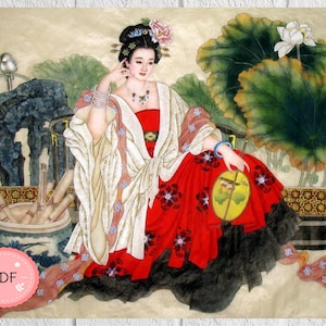 May include: A painting of a woman in a red and white dress holding a fan. She is sitting in a garden setting with green leaves and a white flower.