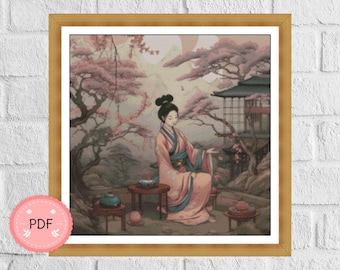 May include: A woman in a pink and blue kimono sits at a table in a garden setting. She is surrounded by cherry blossom trees and a small pagoda. The scene is peaceful and serene.