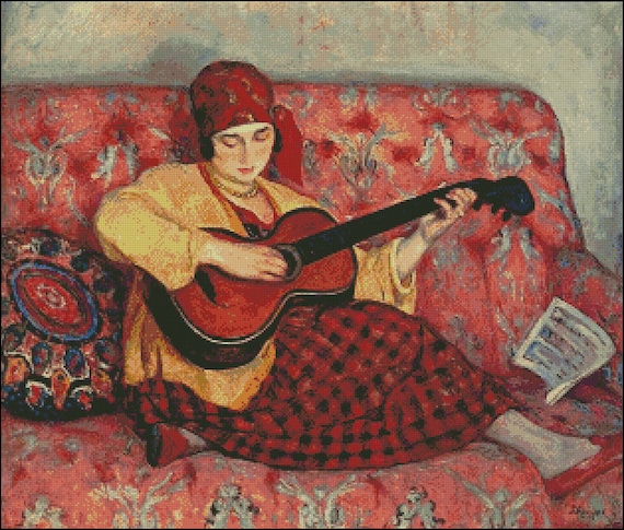 Young Girl With Guitar Cross Stitch Pattern: Henri Lebasque