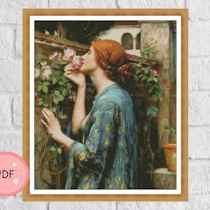 Patrón de punto de cruz, El alma de la rosa, John William Waterhouse, Pdf, Descarga instantánea, Tabla de puntadas X, Cobertura completa, Pinturas famosas