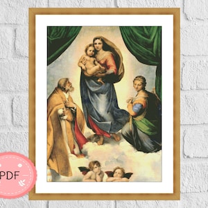 Puede incluir: Una pintura de la Virgen y el Niño con San José y San Antonio de Padua. La Virgen lleva una túnica azul y sostiene al Niño Jesús. San José está de pie a la izquierda y San Antonio a la derecha. La pintura está ambientada en un fondo de nubes y un cielo dorado.
