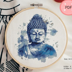 Kruissteekpatroon, Blauwe Boeddha, Aquarel, PDF-formaat, Direct downloaden, X Steekdiagram, Religieus