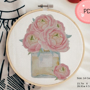 Cross Stitch Pattern  , Perfume Bottle With Bunch Of Flower , Pdf ,  Instant Download , Floral Xstitch , Watercolor , Bouquet