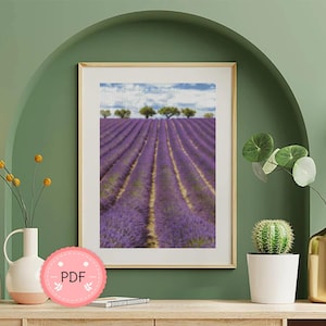 Lavender Field Cross Stitch Pattern , Pdf,Instant Download,X Stitch Chart,Sky Landscape,Violet Flower,Full Coverage
