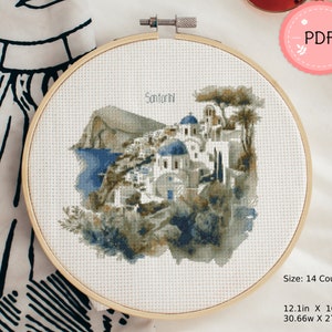 Watercolor Santorini Cross Stitch Pattern,Greek Island , Pdf Instant Download ,Greece Cityscape,X Stitch Chart,Sea And Mountain,Greek Church